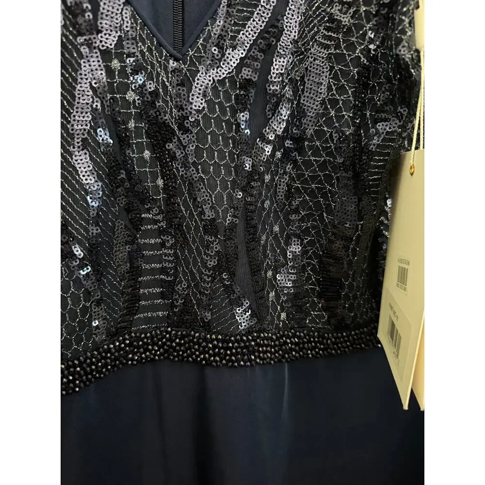 Mac Duggal Navy Embellished Long Sleeve Wrap Over Trumpet Gown Sz 18 - Picture 4 of 7